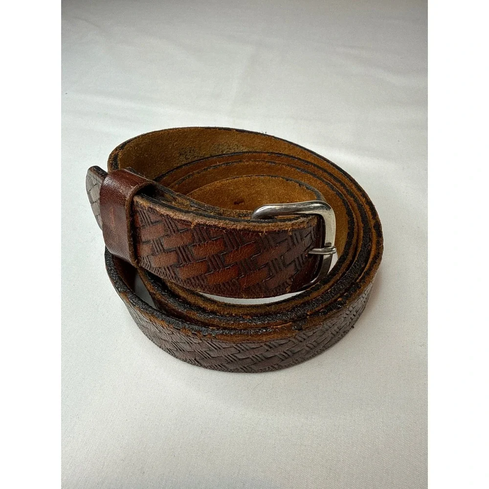 Vintage Full Grain Cowhide Leather Basketweave Belt Brown Made in USA Mens 40